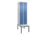 C+P Spind Classic PLUS, Bank, 2 Abteile, 2120x600x815mm, 7035/5023 Verschluss Sicherheits-Drehriegel 3 Garderobenhaken Dekor Banklatten RAL 7035 Lich (0800507-20|S10035)