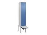 C+P Spind Classic PLUS, Bank, 1 Abteil, 2120x400x815mm, 7035/5023 Verschluss Zylinderschloss 4 Garderobenhaken Dekor Banklatten RAL 7035 Lichtgrau Si (0800407-12|S10020)