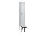 C+P Spind Classic PLUS, Bank, 1 Abteil, 2120x300x815mm, 7035/7035 Verschluss Sicherheits-Drehriegel 3 Garderobenhaken Dekor Banklatten RAL 7035 Licht (0800407-10|S10039)