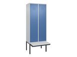 C+P Spind Classic PLUS, Bank, 2 Abteile, 2120x800x815mm, 7035/5023 Verschluss Zylinderschloss 4 Garderobenhaken Trennwand mittig Dekor Banklatten RAL (0800407-22F|S10020)
