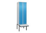 C+P Spind Classic PLUS, Bank, 2 Abteile, 2120x600x815mm, 7035/5012 Verschluss Zylinderschloss 4 Garderobenhaken Trennwand mittig Dekor Banklatten RAL (0800407-20F|S10019)