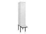C+P Spind Classic PLUS, Bank, 1 Abteil, 2120x400x815mm, 9016/9016 Verschluss Zylinderschloss 4 Garderobenhaken Trennwand mittig Dekor Banklatten RAL 9 (0800407-12F|S10029)