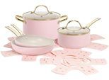 Topf-Set PARIS HILTON "Paris Hilton, Kochgeschirr-Set", pink, cremefarben, goldfarben, B:17,5cm H:54,4cm L:32,5cm, Töpfe, Set aus Bratpfannen, Kochtöpfe und Pfannenschoner