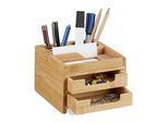 relaxdays Schreibtisch-Organizer braun Bambus 2 Stifteboxen, 2 Schubfächer, 1 flaches Fach Fächer 12,5 x 15,0 x 9,5 cm