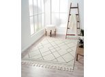 Hochflor-Teppich "Moroccan Design, LAGERRÄUMUNG", grau (weiß, grau), B:140cm H:24mm L:200cm, Polyester, Polypropylen (PP), MYFLAIR MÖBEL & ACCESSOIRES, Teppiche, Fransenteppich, modern, marokkanisches Design, Rauten Muster, weich, mit Fransen