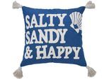Dekokissen DONE. "CUSHION SEALIFE SALTY SANDY HAPPY", blau (blau, natur, schriftzug bestickt), B:45cm H:1cm L:45cm, Baumwolle, Dekokissen_Sitzkissen_Kissenhüllen