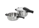 WMF Schnellkochtopfset , Edelstahlfarben , Metall , 2-teilig , 4,5 l , abnehmbare Griffe, 2-Stufen-Garregler , Kochgeschirr, Töpfe, Schnellkochtöpfe