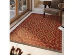 Wollteppich GREEN LOOOP "Clare", rost rot, B:200cm H:5mm L:290cm, Wolle, Teppiche, Fransen, Kelim, handgewebt, Natur, Wohnzimmer, Schlafzimmer, Raute