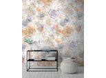 Fototapete A.S. CRÉATION "Aquarell Dreams Blumen-Tapete Mustertapete Aquarellfarben Blumen", bunt (beige,orange,blau), B:1,59m H:0,02m L:2,8m, Vlies, Tapeten, Vliestapete Landhaus für Schlafzimmer Küche Wohnzimmer Blumen Design