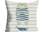 Dekokissen QUEENCE "Bär & Fisch", blau (altweiß, hellblau, blau, hellgrün, bedruckt gestreift), B:40cm L:40cm, Polyester, Dekokissen_Sitzkissen_Kissenhüllen, Kissenhülle ohne Füllung, 1 Stück