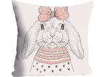 Dekokissen QUEENCE "Hase", beige (altrosa, grau, weiß, bedruckt), B:40cm L:40cm, Baumwolle, Dekokissen_Sitzkissen_Kissenhüllen, Kissenhülle ohne Füllung, 1 Stück