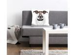 Dekokissen QUEENCE "Paul", braun (weiß, braun, bedruckt), B:40cm L:40cm, Polyester, Dekokissen_Sitzkissen_Kissenhüllen, mit einem augenzuhaltenden Hund