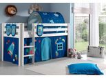 Hochbett VIPACK "Pino, Spielbett massiv Kiefer, stabil gebaut, 3 Korpusfarben zur Wahl", weiß (weiß lackiert, astronaut), B:106cm H:214cm L:210cm, Hochbetten, Hochbett, Textil-Set "Astronaut", inkl. Vorhang, mit oder ohne Tunnel
