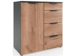Kombikommode WIMEX "Level by fresh to go", schwarz (front plankeneiche nachbildung, korpus graphit), B:81cm H:84cm T:41cm, Holzwerkstoff, Sideboards, Kombikommode, 1-türig mit 4 Schubladen, soft-close Funktion, 81cm breit, 84cm hoch