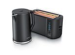 Arendo 2-teiliges Frühstücks-Set, Edelstahl Wasserkocher ELEGANT 1,5l, 4-Scheiben Langschlitztoaster, Schwarz