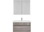 Badezimmer Isla Grau mit Waschbecken und Spiegelschrank
