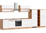 Küchenzeile KOCHSTATION "KS-Wien", weiß (küche: weiß, front: weiß, korpus: wotaneichefarben, arbeitsplatte: wotaneichefarben), B:420cm H:200cm T:60cm, Komplettküchen-Sets, Küchenzeile, Breite 420 cm, wahlweise mit E-Geräten