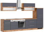 Küchenzeile KOCHSTATION "KS-Wien", grau (küche: grau, front: anthrazit, korpus: wotaneichefarben, arbeitsplatte: wotaneichefarben), B:330cm H:200cm T:60cm, Komplettküchen-Sets, Küchenzeile, Breite 330 cm, wahlweise mit E-Geräten