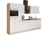 Küchenzeile KOCHSTATION "KS-Aken", weiß (küche: weiß, korpus: wildeichefarben, arbeitsplatte: eiche struktur), B:300cm H:212cm T:60cm, Komplettküchen-Sets, Küchenzeile, Breite 300 cm, wahlweise mit E-Geräten, mit Arbeitsplatte 38 mm stark
