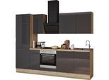 Küchenzeile KOCHSTATION "KS-Aken", grau (küche: grau, korpus: wildeichefarben, arbeitsplatte: eiche struktur), B:270cm H:212cm T:60cm, Komplettküchen-Sets, Küchenzeile, Breite 270 cm, wahlweise mit E-Geräten, mit Arbeitsplatte 38 mm stark