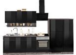 Küchenzeile KOCHSTATION "KS-Virginia", schwarz (küche: schwarz, front: schwarz hochglanz, korpus: eiche vintage, arbeitsplatte: eiche vintage), B:320cm H:200cm T:60cm, Komplettküchen-Sets, Küchenzeile, Breite 320 cm, wahlweise mit E-Geräten