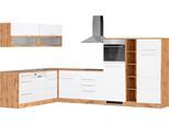 Winkelküche KOCHSTATION "KS-Wien", küche: weiß, front: weiß, korpus: wotaneichefarben, arbeitsplatte: wotaneichefarben, B:220cm H:200cm T:340cm, Komplettküchen-Sets, Stellbreite 220 x 340 cm, wahlweise mit E-Geräten