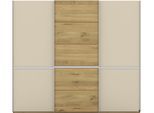 Schwebetürenschrank MUSTERRING "Savona, Kleiderschrank, Schrank, Garderobe, mit Schiebetüren", beige (braun), B:250cm H:217cm, Schränke, Schwebetürenschrank, Türen Bianco-Eiche massiv, Spiegel-/Glastüren, eingelegte Chromleiste