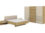 Schlafzimmer-Set MUSTERRING "Savona, Kleiderschrank, Bett & Nachtkommoden, teilmassiv Bianco-Eiche", braun, Schrank 300cm Breit / 217cm Hoch + ohne Matratze, B/H: 180cm x 200cm, Schrank 300cm Breit / 217cm Hoch, Floatglas, Hartfaserplatte, Holz teilmassiv, Holzwerkstoff, Massivholz, Schlafzimmermöbel-Sets, Kopfteil Kunstleder Champagner, Schrank mit Eiche- und Glastüren