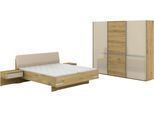Schlafzimmer-Set MUSTERRING "Savona, Kleiderschrank, Bett & Nachtkommoden, teilmassiv Bianco-Eiche", braun, Schrank 250cm Breit / 217cm Hoch + ohne Matratze, B/H: 180cm x 200cm, Schrank 250cm Breit / 217cm Hoch, Floatglas, Hartfaserplatte, Holz teilmassiv, Holzwerkstoff, Massivholz, Schlafzimmermöbel-Sets, Kopfteil Kunstleder Champagner, Schrank mit Eiche- und Glastüren