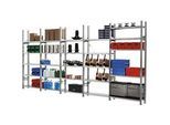 Steckregal R 3000, Komplettregal 5,155 m, 1 Grund- und 4 Anbaufelder incl. 25 Böden, verzinkt, H 2278 x B 5155 x T 400 mm