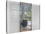 Schwebetürenschrank WIEMANN "Monaco, Kleiderschrank, Schrank, Wäscheschrank, mit Schiebetüren", grau (kieselgrau, dekor, glas weiß, kristallspiegel), B:295,2cm H:236cm T:67cm, Floatglas, Holzwerkstoff, Schränke, Schwebetürenschrank, hochwertige Glas- und Spiegelfront, variable Inneneinteilung