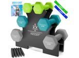 KESSER® Hantel-Set, 3 Paar, 1kg - 5kg, 12kg oder 18kg kurzhanteln mit Ständer Aufbewahrung, Fitnessstudio, Krafttraining, Hantelset rutschfeste Neopren, Mit Übungsheft, 2x Fitnessbänder