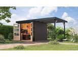 Gartenhaus KARIBU ""Jupiter 3 B" SET terragrau, mit Anbaudach 2,35 m breit", grau (terragrau, anthrazit), ohne Fußboden, ohne Rück- und Seitenwand, Massivholz, Stahl, Gartenhäuser, Gartenhaus, hochwertige Materialien: nordische Fichte, Stahlecken, Trapezblechdach