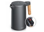 Arendo Wasserkocher Edelstahl, Doppelwand, Temperatureinstellung 40° - 100 °C mit Anzeige, 1,5 l, 2200 W, Warmhaltefunktion, 360° Basis, mit Holzgriff, BPA-frei