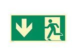 moedel Fluchtwegschild "Notausgang links Pfeil unten", nach ISO 7010 E001, Aluminium 0,6 mm, langnachleuchtend, B 400 x H 200 mm