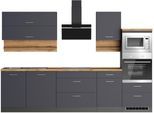 Küchenzeile KOCHSTATION "KS-Milan", küche: grau, front: anthrazit, korpus: grafitgrau, arbeitsplatte: wotaneiche, B:300cm H:200cm T:60cm, Komplettküchen-Sets, Küchenzeile, 300 cm breit, viel Stauraum, wahlweise mit E-Geräten