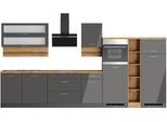 Küchenzeile KOCHSTATION "KS-Milan", küche: grau, front: grau hochglanz, korpus: grafitgrau, arbeitsplatte: wotaneiche, B:390cm H:200cm T:60cm, Komplettküchen-Sets, Küchenzeile, 390 cm breit, viel Stauraum, wahlweise mit E-Geräten