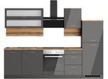 Küchenzeile KOCHSTATION "KS-Milan", grau (küche: grau, front: grau hochglanz, korpus: grafitgrau, arbeitsplatte: wotaneiche), B:280cm H:200cm T:60cm, Komplettküchen-Sets, Küchenzeile, 280 cm breit, robuste Metallauszüge, viel Stauraum