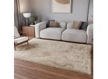 Teppich HOMIE LIVING "Parma", beige, B:120cm H:50mm L:170cm, Polyester, Teppiche, Teppich, Hochflor, gewebt, kuschelig, uni, Wohnzimmer, Schlafzimmer, Esszimmer