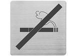 Hinweisschild „Nicht Rauchen“, quadratisch, inkl. Selbstklebepad, L 90 x B 90 mm, Edelstahl gebürstet, silber-schwarz