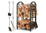 KESSER® Kaminholzregal 5-teiliges Set Kaminholzständer Feuerholzablage Brennholzregal Innen und Aussen Metall 2 Ebenen mit 4 Kaminwerkzeug für Kamin & Ofen, Stahl 40x30x74,5cm Verstellbar