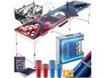 tectake® Bierpongtisch, aus Aluminium, mit Eisfach, Becherlöchern, LED-Beleuchtung, bodenschonende Kunststofffüße, inklusive 100 Bechern, 6 Bällen und Kartentrinkspiel