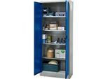 Schäfer Shop Pure Materialschrank, abschliessbar, 4 Böden, B 800 x T 400 x H 1935 mm, Stahl, lichtgrau/enzianblau