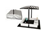 WONDERMAKE® Design Sandkasten mit Matschküche, Dach, Abdeckung OXFORD 420D, Vliesfolie, Sandkiste Holz quadratisch verschließbar Outdoor Garten für Kinder, schwarz weiß