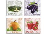 Leinwandbild ARTLAND "Zucchini, Aubergine, Kürbis, Paprika", bunt (farbe bild(er): bunt), B:30cm H:30cm, Leinwand, MDF, Bilder, Leinwandbild, 4er Set, verschiedene Grössen