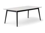 Esstisch HAMMEL FURNITURE "Meza Designtisch mit Auszugsfunktion und 2 Einlegeplatten", weiß (weiß, natur, weiß), B:165cm H:74cm T:90cm, Tischplatte: Weiss Laminat (schwarzer Rand), Gestell: Massive schwarz gebeizte Esche., Tische, Esstisch, rechteckige Tischplatte MDF, Esche Massivholzgestell