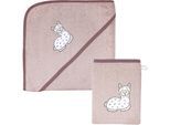 Handtuch Set WÖRNER "Lama rosa Kapuzenbadetuch 100/100 mit Waschhandschuh", rosa, 2 Stk., Lama, Frottier, Frottier, Obermaterial: 100% Baumwolle, Handtücher, mit süßer Lamastickerei