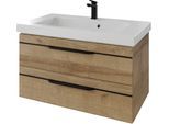 Waschtisch SAPHIR "Serie Balto Mineralmarmor-Waschtisch mit Unterschrank, 92 cm breit", braun (riviera eiche quer nachbildung, schwarzer einlage, riviera eiche quer nachbildung), B:92cm H:55,6cm T:50,8cm, Waschtische, Waschtisch, Waschplatz mit 2 Schubladen, Badschrank in verschiedenen Ausführungen