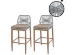 2er-Set Rope-Barhocker MCW-O21, Outdoor Sitzpolster Seilgeflecht Metall Holz-Optik ~ hellgrau, Kissen taupe