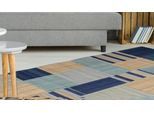 Teppich KAYOOM "Radical 315", blau (blau, multi), B:160cm H:15mm L:230cm, Wolle, Teppiche, Teppich, Handgewebter Jacquard Kilim, hochwertige Materialmischung.
